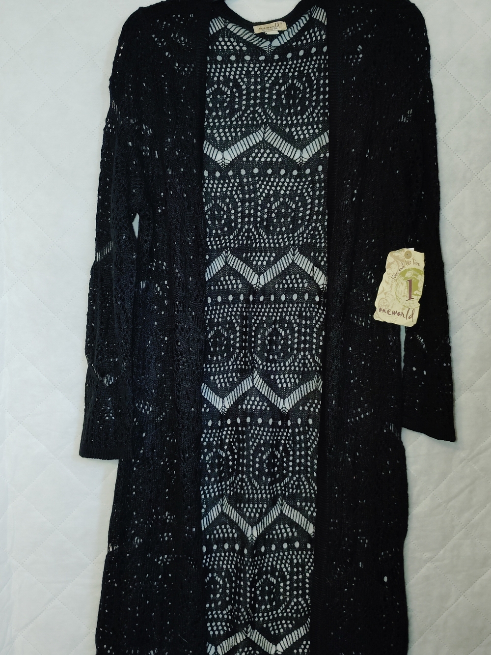 ONE WORLD Black Open-Knit Long Cardigan